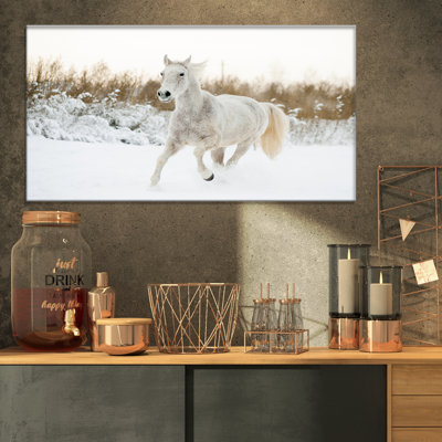 «Farmhouse White Horse Run in Snow», reproduction de photo sur toile tendue