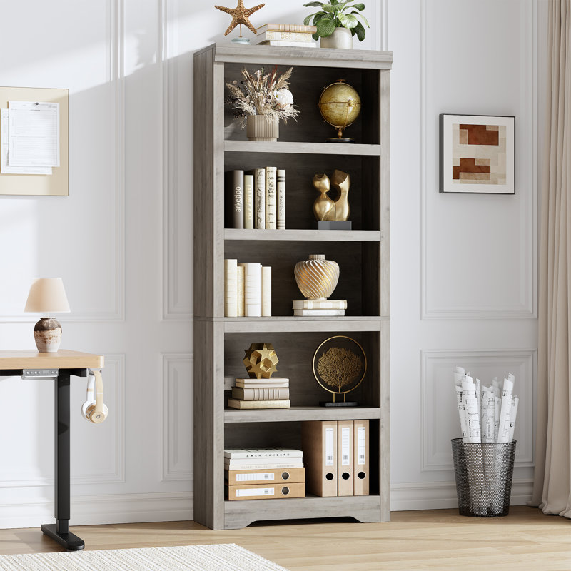 5-Tier Farmhouse Bookcase with Adjustable Shelves, Floor Standing Open Display Storage Rack, Anti-Slip Design, Gray