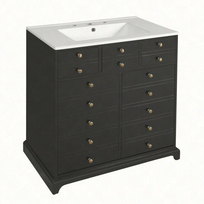 Ensemble de meuble-lavabo avec lavabo en céramique, meuble de rangement pour salle de bain avec cadre en bois massif, ensemble de meuble-lavabo autoportant avec 2 tiroirs et portes à fermeture douce