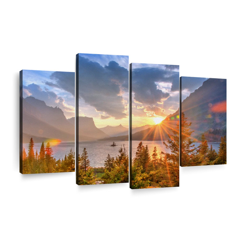 Lakeside Mountains, Montana, lac Saint Mary - 4 pièces sur toile tendue, H 48 po x l 75 po x P 1,25 po
