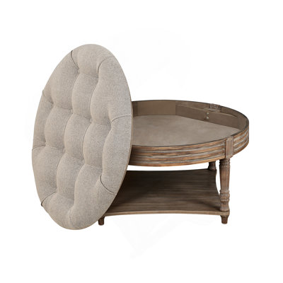 Round Tufted Upholstered Fabric Ottoman