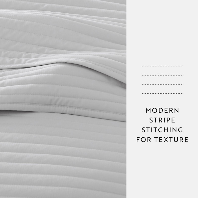 Becky Cameron Lightweight All Season Stripe Stitch Quilt Set with Shams, Light Gray, Full/Queen Quilt + 2 Standard Shams