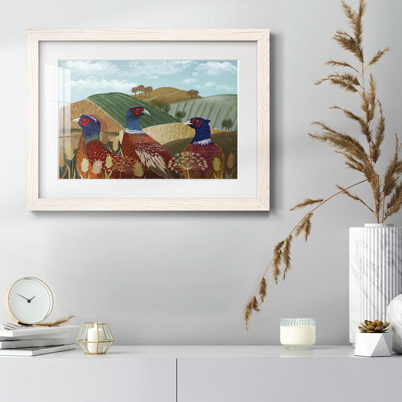 Trio de faisans dans un champ, impression sur papier, H 28 po x l 42 po, Blanc