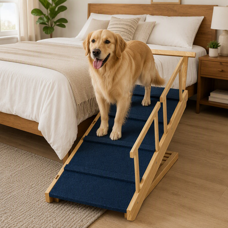 Escalier pliable en bois pour chien, rampe réglable en 4 hauteurs