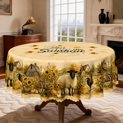Nappe « Tournesol ensoleillé », décor rustique pour cuisine de ferme, motif floral vintage inspiré des étables à moutons et poules.