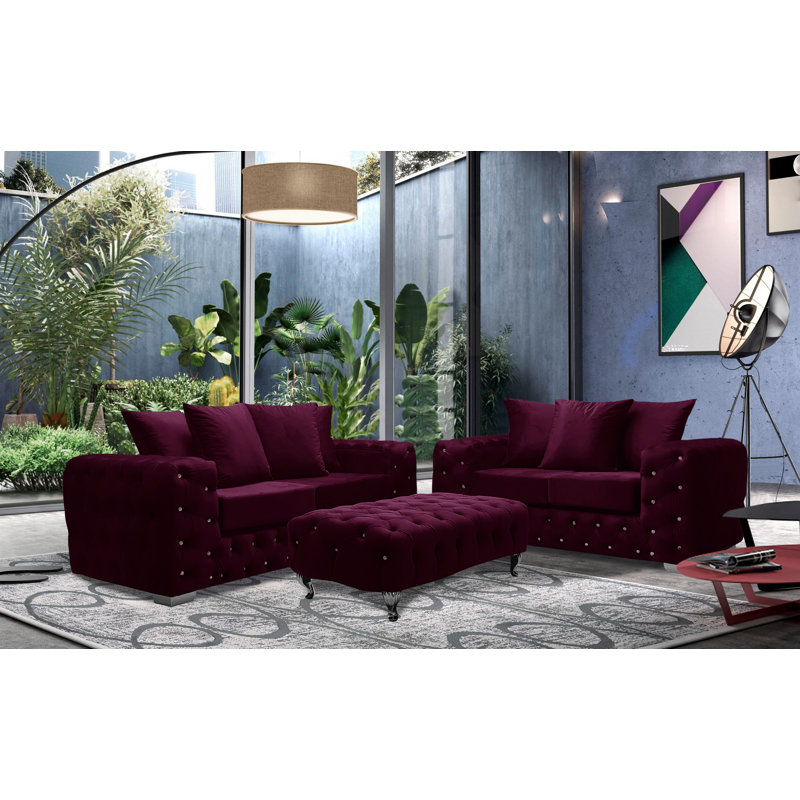 Pham 3 - Piece Velvet Living Room Set, Boysenberry