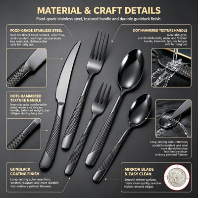 40Pcs Mirror Polished Black Stainless Steel Silverware Set, Service for 8 People, Durable Flatware , Hammered Finish Cutlery, Dishwasher Safe Table Utensils, Ideal for Wedding, Family Dinner, Holiday Banquet, Valentine’s Day Christmas Housewarmin