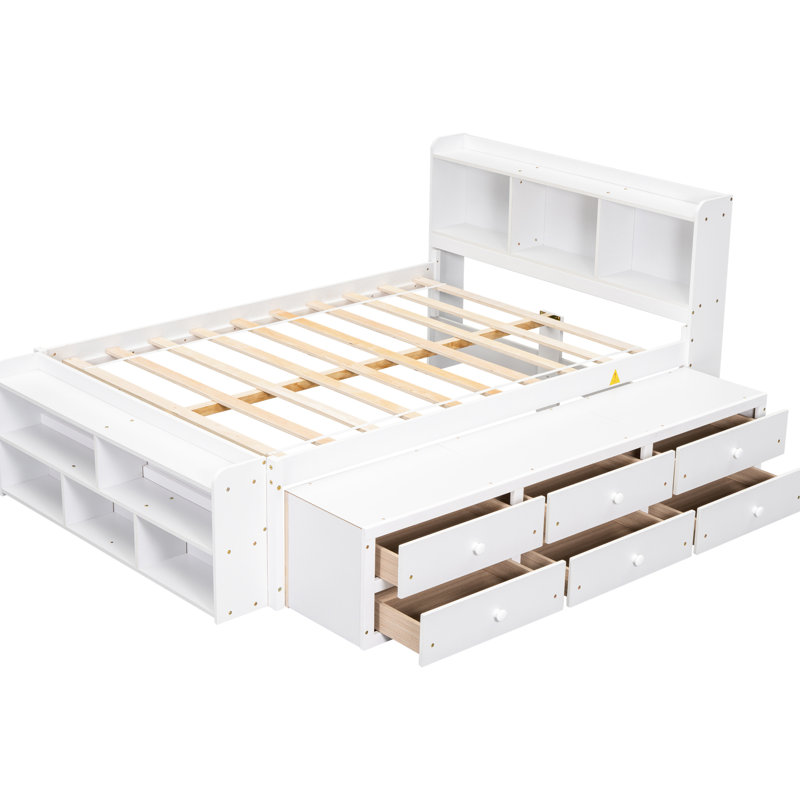 Lit double avec tête de rangement, dessous blanc avec tête de lit et bibliothèque, Blanc