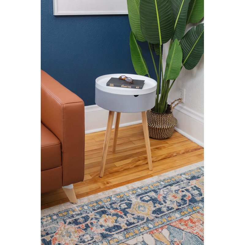 Gray and White Round Tray Top End Table with Natural Wood Legs