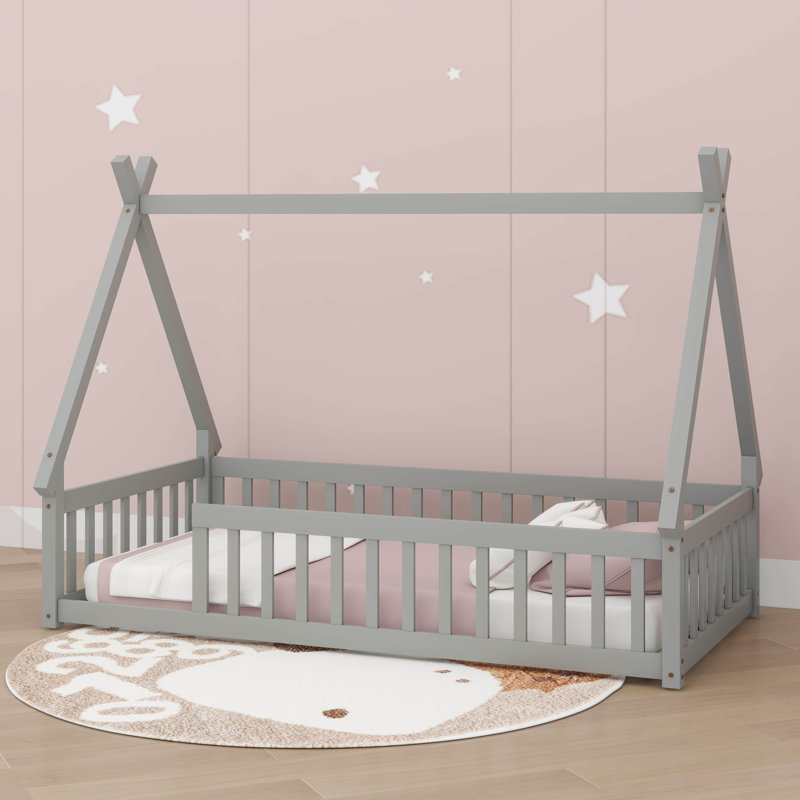 Lit simple en bois en forme de tente avec garde-corps, Gris