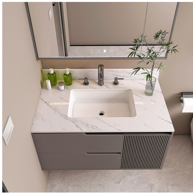 Comptoir de meuble-lavabo en marbre de 37 po, comptoir blanc avec 3 trous de robinet pré-percés, comptoir de salle de bain avec lavabo central rectangulaire encastré et dosseret de 4 po de hauteur, Bianco Carrara Venato