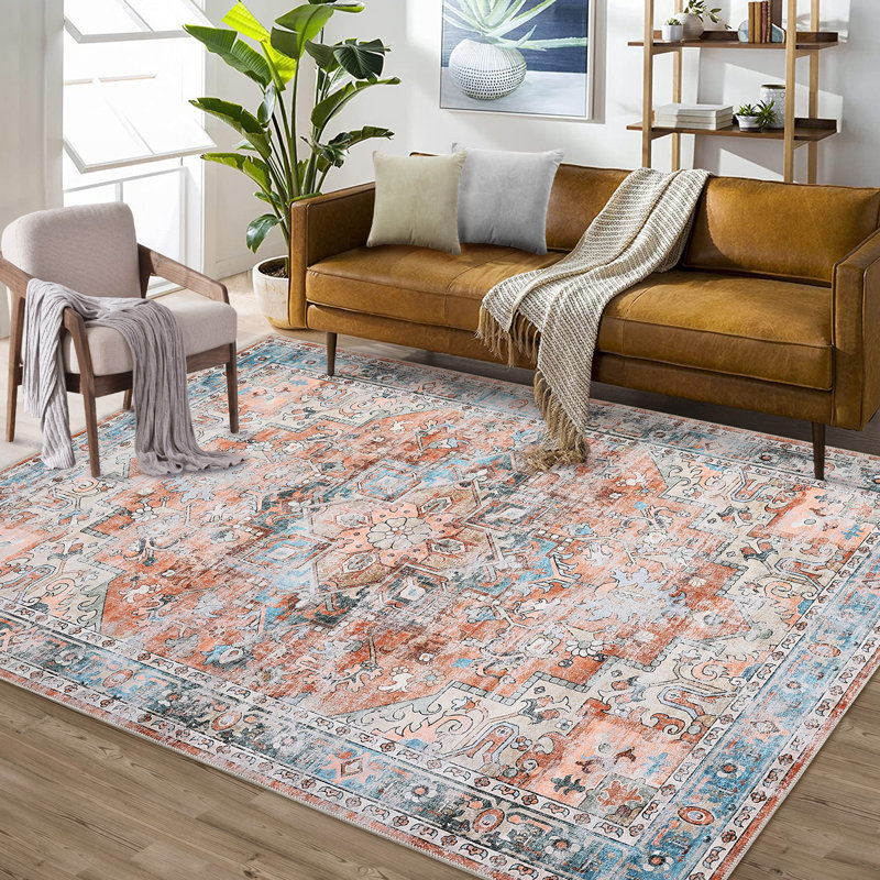 Tapis oriental rouge en polyester Oswaldo, Rectangle 5 pi x 7 pi