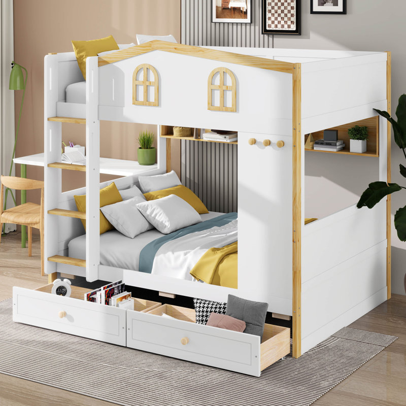 Lit superposé double sur double avec tiroirs et tablettes pour le rangement, cadre en bois avec rails de sécurité en forme de maison