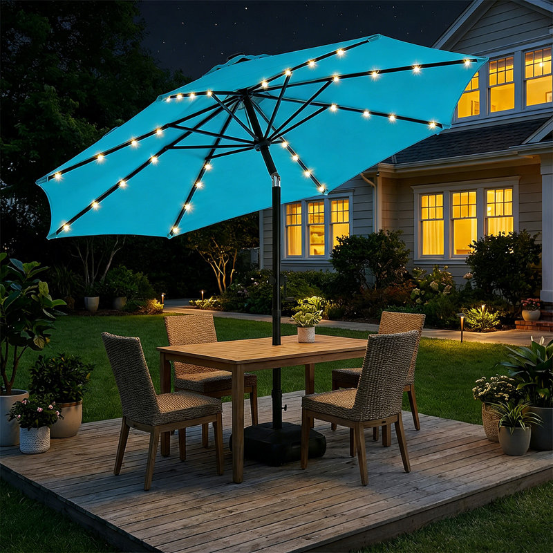 Parasol solaire à DEL avec base et bouton-poussoir, H 100 po x l 108 po x P 108 po, Bleu
