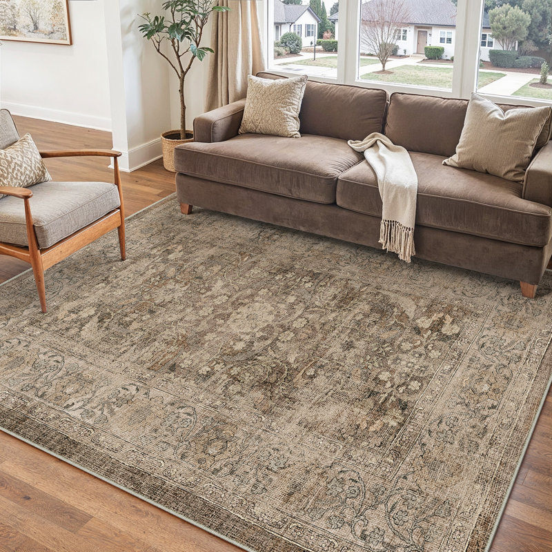 Bremerton Vintage Washable Light Brown Area Rug With Non-Slip Backing, Rectangle 9' x 12', Light Brown