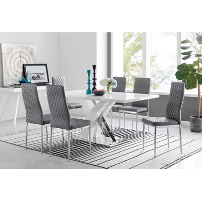 Marietta Chrome Metal and White High Gloss Dining Table Set - 6 Luxury Velvet Dining Chairs