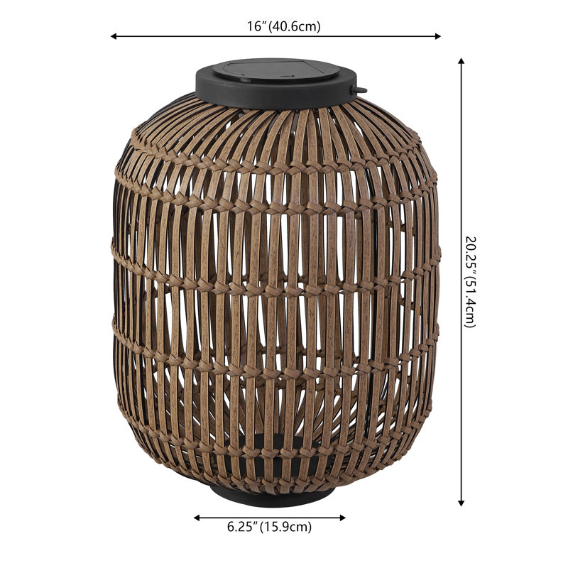 Nara 20.5" Modern Global Faux Rattan Integrated Indoor/Outdoor LED Solar Powered Lantern, Light Brown/Black
