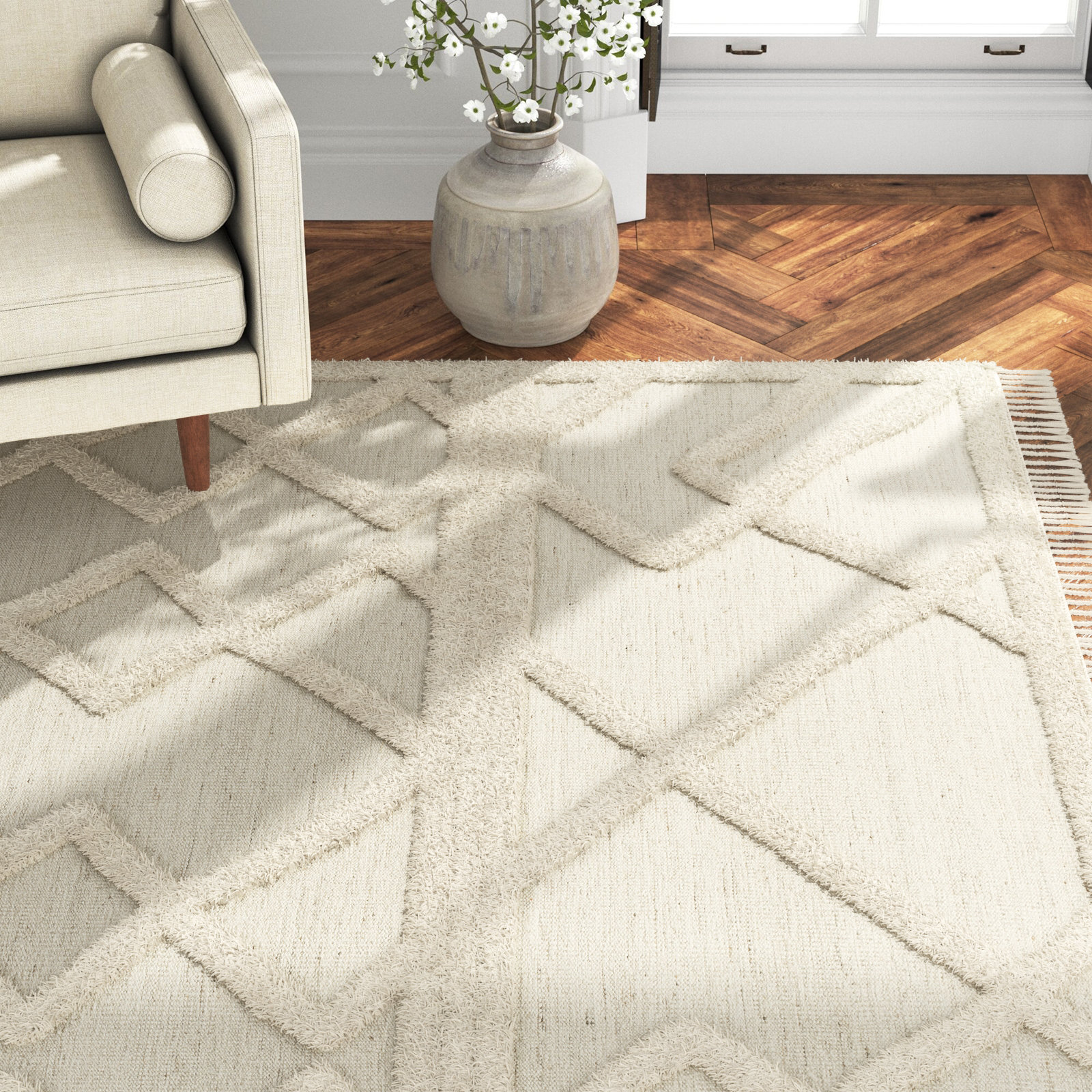 Leanna Hand-Knotted Beige Moroccan Rug, Rectangle 10' x 14'
