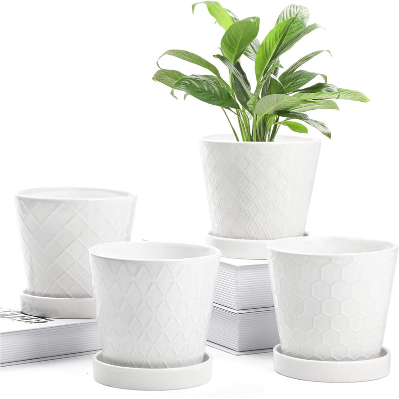 5 inch Ceramic Flower Pot with Tray Set of 4, White