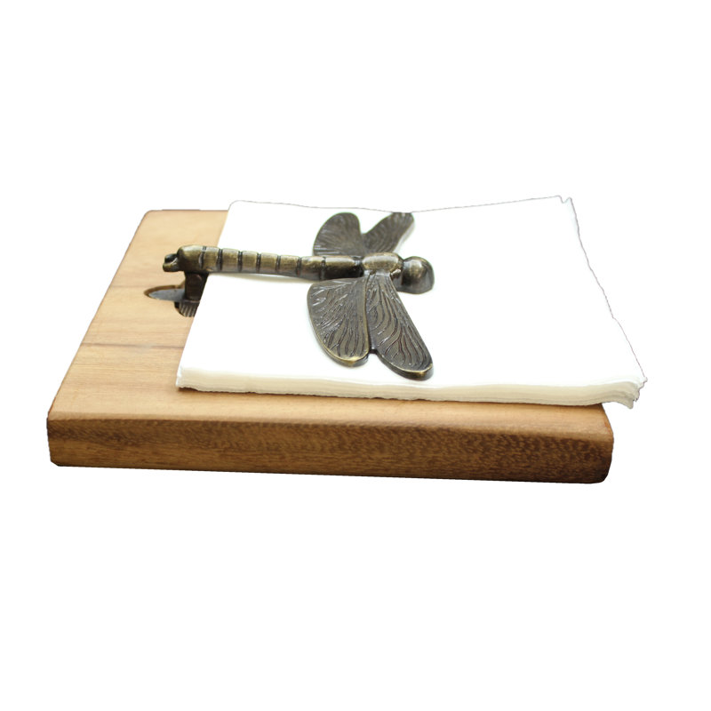 Brass Dragonfly Wood Napkin Holder
