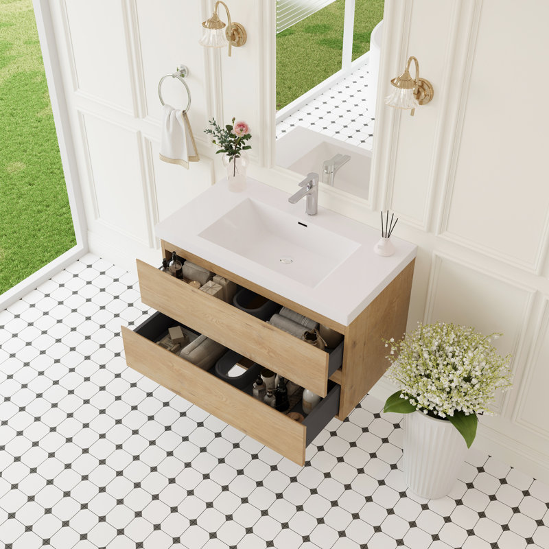 Meuble-lavabo flottant mural de 36 po avec lavabo, style fonctionnel et moderne, lavabo à surface solide, tiroirs à fermeture en douceur, chêne naturel, résine, assemblage facile, conception durable et durable, utilisation durable