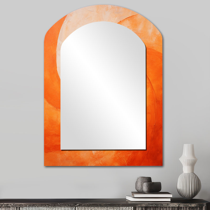 Tangerine Twist Spriral I - miroir mural à spirales abstraites en arc, miroir décoratif pêche asymétrique, impression sur métal