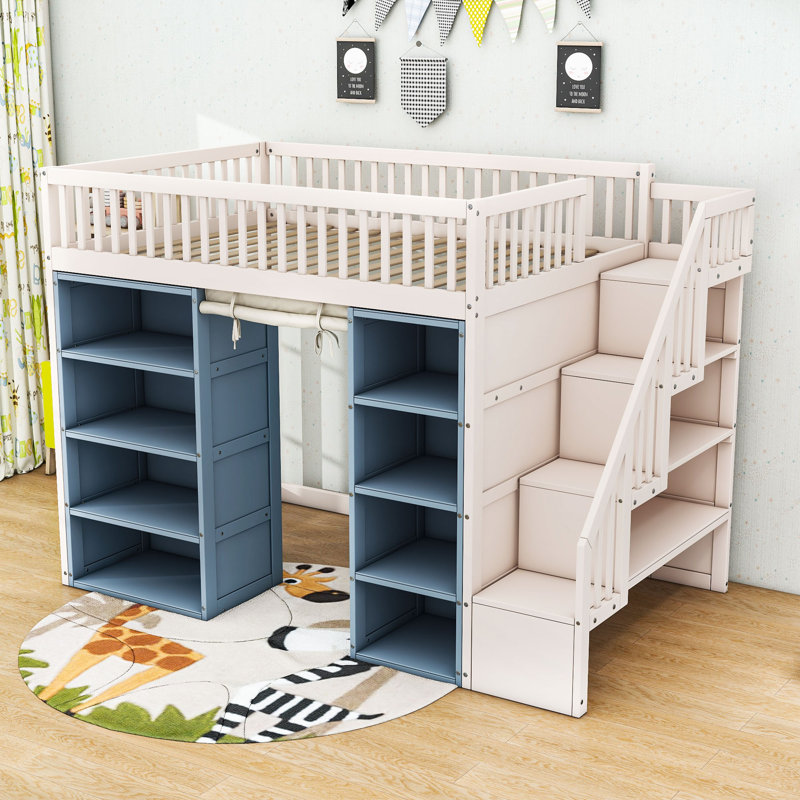 Lit mezzanine double en bois avec escalier et rideau