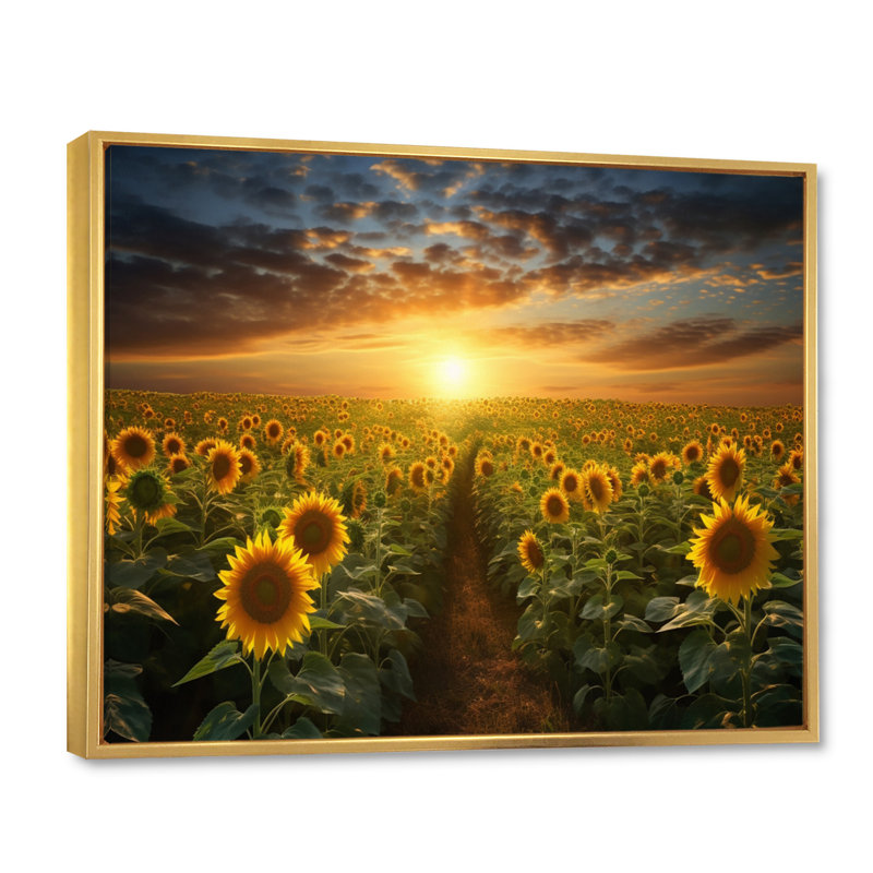 Tournesol doré panoramique - décoration murale florale, H 34 po x l 44 po x P 1,5 po, Cadre flottant doré