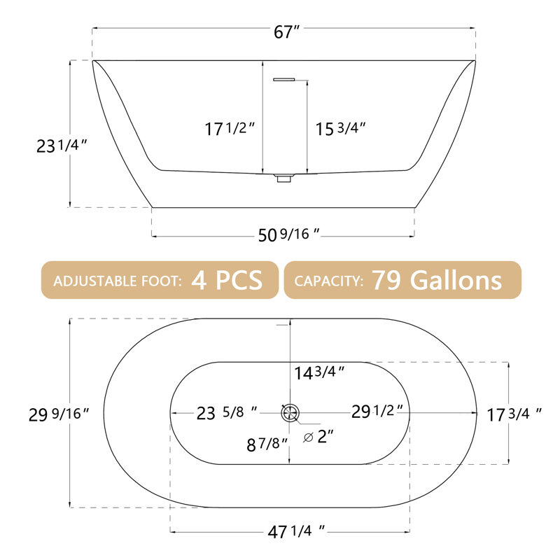 67'' x 29.5'' Freestanding Soaking Acrylic Bathtub Contemporary Modern Stand Alone Tub, Gloss White
