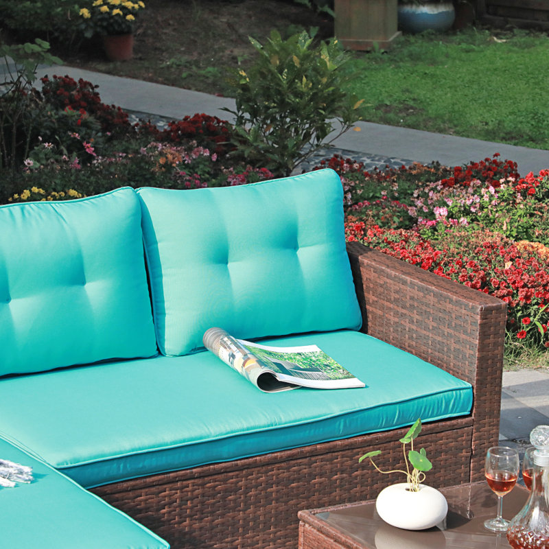 Cromford Wicker 3 - Person Patio Conversation Set with Cushions, Brown Frame/Turquoise Cushion