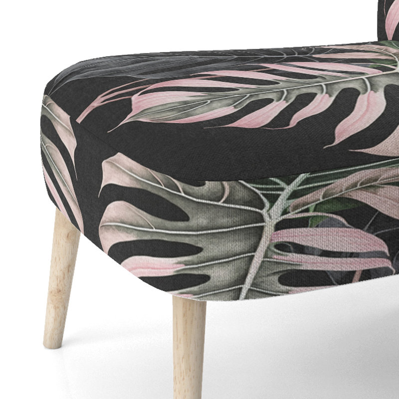 Pink And White Philodendron Leaf II - Upholstered Farmhouse Side Chair, Rustic Floral Accent Chair, Pink/Green/Black