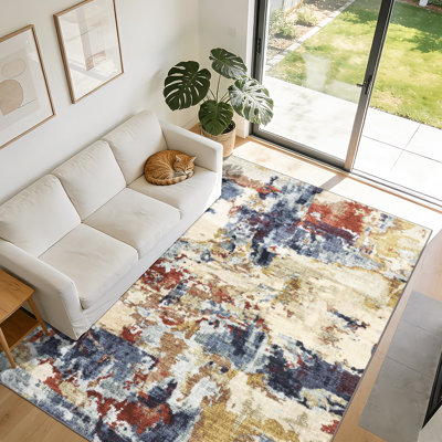 Tapis ultra mince et lavable - Tapis abstrait moderne, antidérapant et antidérapant, résistant aux taches pour le salon, la chambre à coucher, le couloir, la salle à manger, le bureau - bleu et coloré, plusieurs tailles