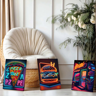 Ensemble de 3 affiches murales encadrées, style néon, sur toile, représentant des pizzas, des burgers et des diners. Décoration murale moderne et pop art pour la cuisine, le salon et la maison.