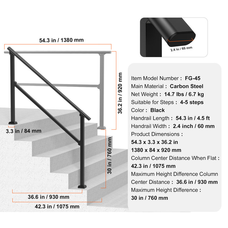Mains courantes pour marches extérieures, ensemble de rampes d'escalier à 4 ou 5 marches, balustrades transitionnelles en acier au carbone avec trousse d'installation, rampes d'escalier pour personnes âgées, marches en béton, porche et terrasse, tube carré noir