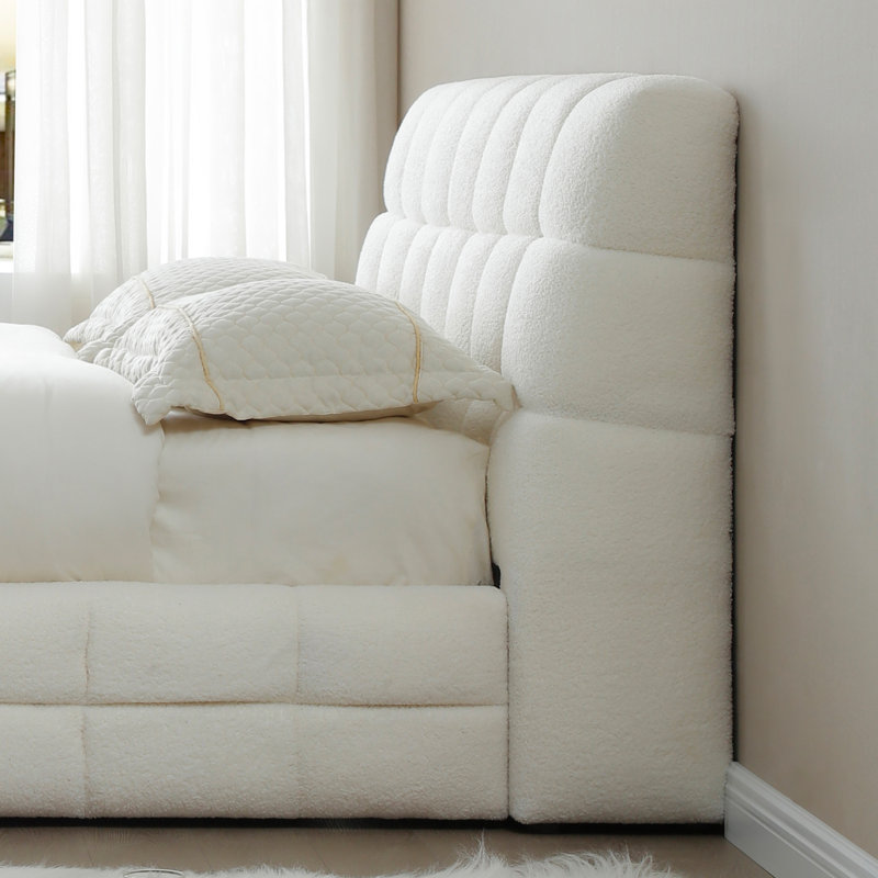 Plush Upholstered Bed, White, Queen
