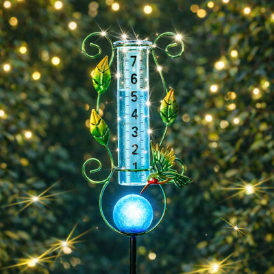Rain Gauge,Outdoor Hummingbird & Leaf Solar Rain Gauge,Metal Garden Stake For Patio, Lawn,Garden & Outdoor Decor,Weather Resistant