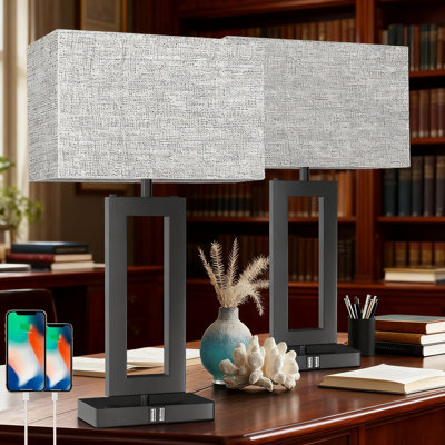 Ensemble de 2 lampes de table à contrôle tactile avec ports de charge USB, lampes de bureau à DEL à intensité variable à 3 voies avec abat-jour en tissu pour table de chevet dans la chambre à coucher, salon, liseuse