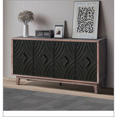 Mid Century Sideboard Buffet Cabinet with Solid Wood Legs 60" Kitchen Storage Cabinet Credenza with 4 Convex pattern diamond Doors and 2 Shelves Accent Console Table for Living Room Entrance Hall etc