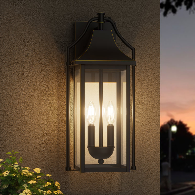 Alvester 18" H 2-Light Bronze Iron Outdoor Wall Lantern, Matte Black/Golden Lines, W8"xE7.3"xH18"