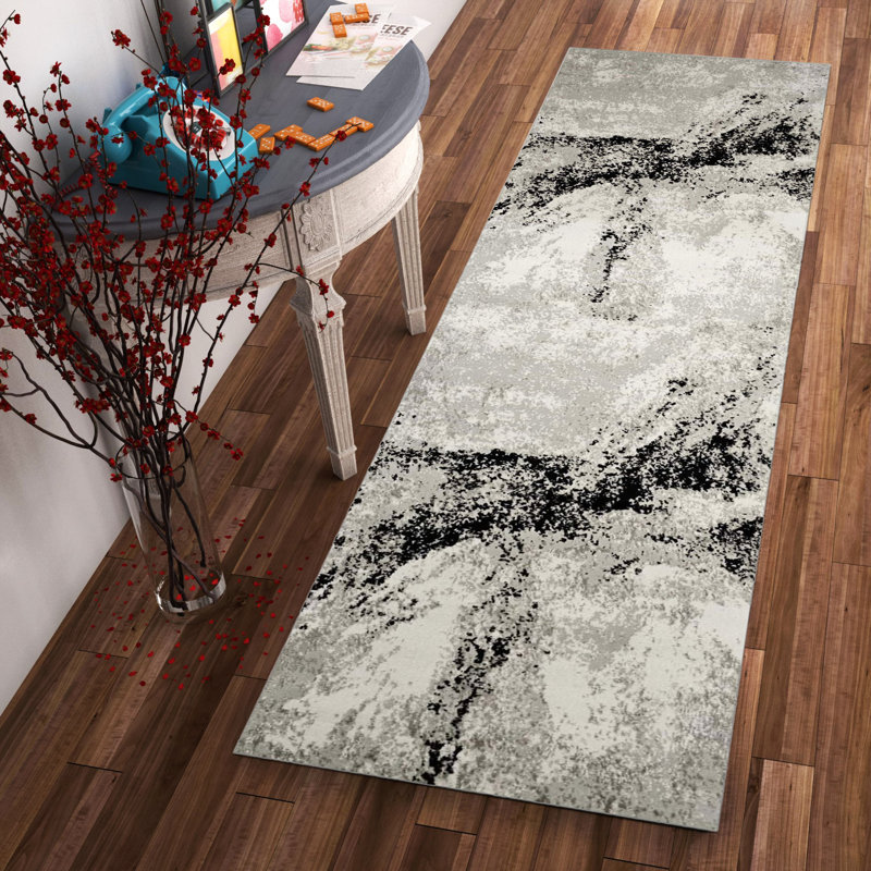 Tapis noir / ivoire / gris en polyester tissé à la machine Elek, Tapis de couloir 2 pi 8 po x 9 pi 10 po