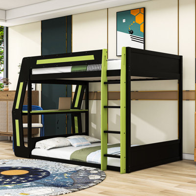 Lit superposé double en bois avec bande lumineuse, ports de charge et bureau