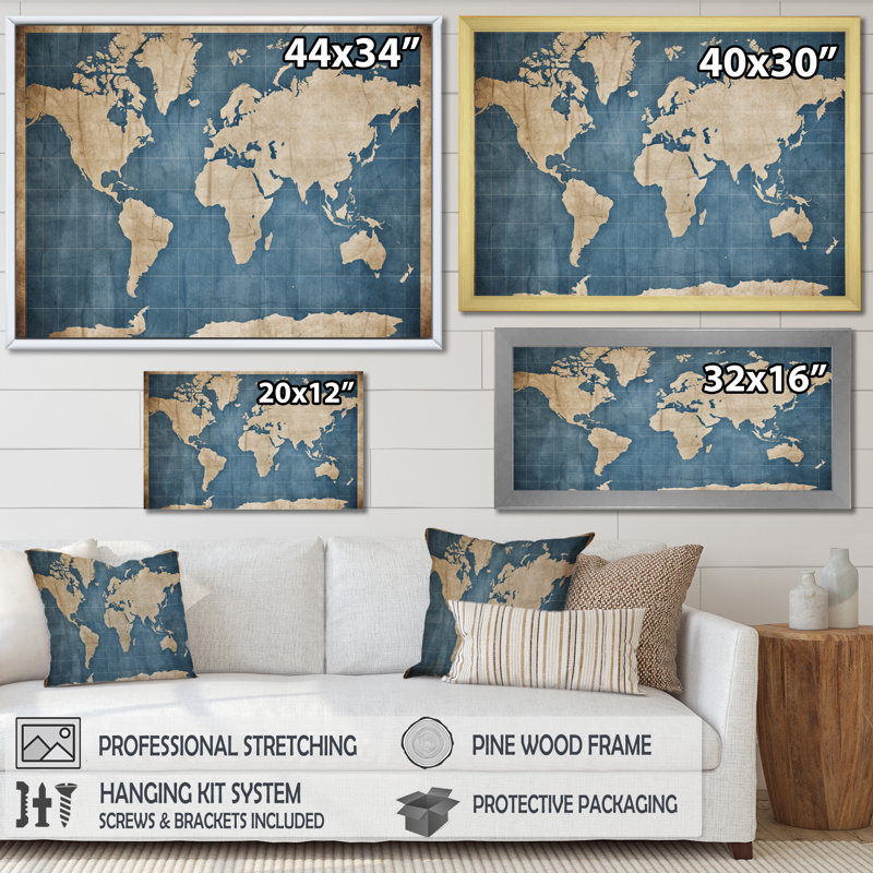 Ancienne carte du monde IV sur toile, Encadrement doré, H 12 po x l 20 po x P 1 po