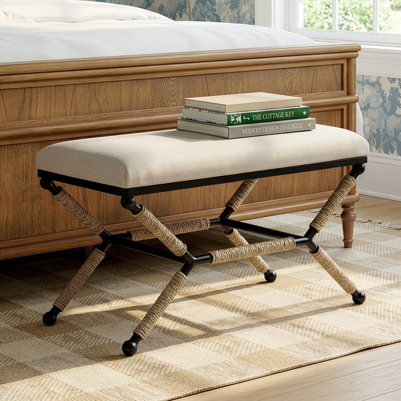 Pippa 36" Cotton Bedroom Bench, Beige