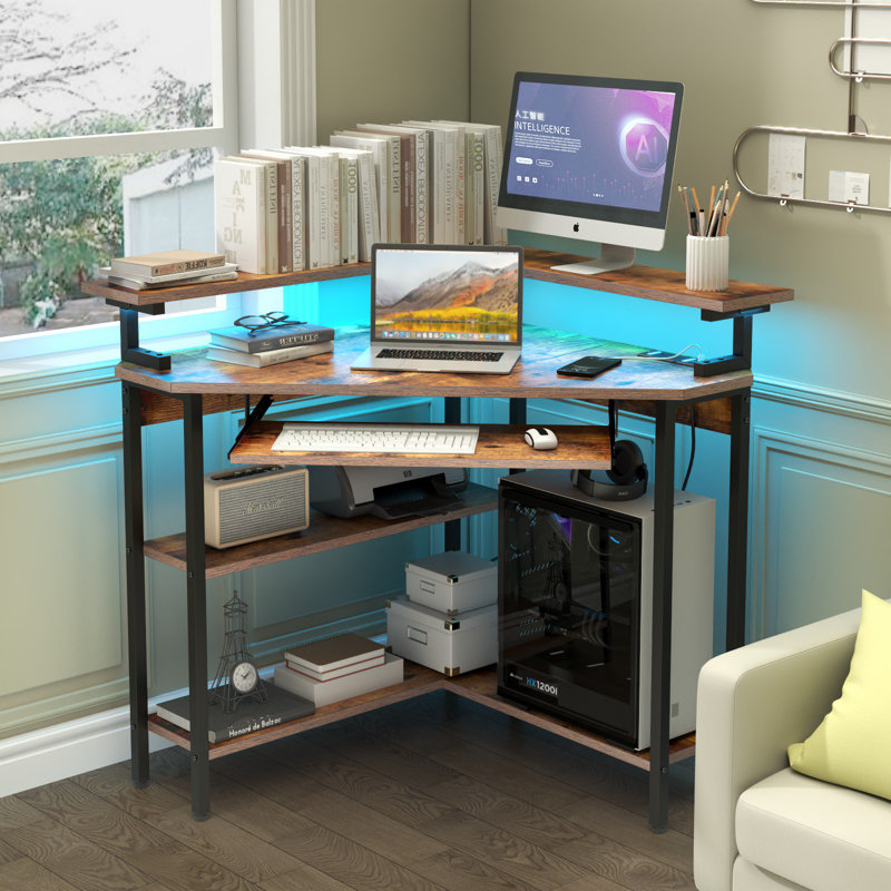 Fitnat Corner Desk with Power Outlet, LED Triangle Corner Desk with Storage for Small Space, Brown/Black