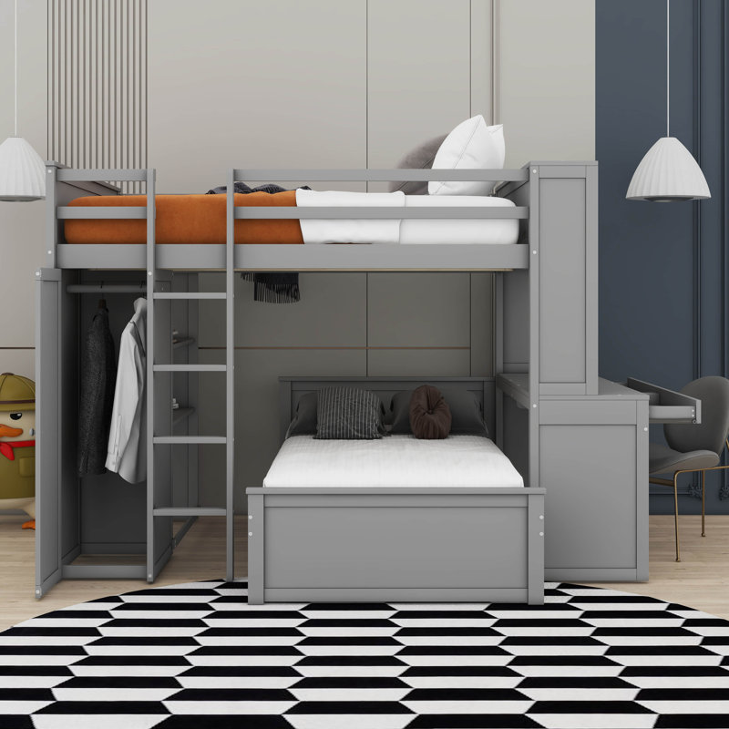 Lit superposé double avec tiroirs Burwell Kids, gris