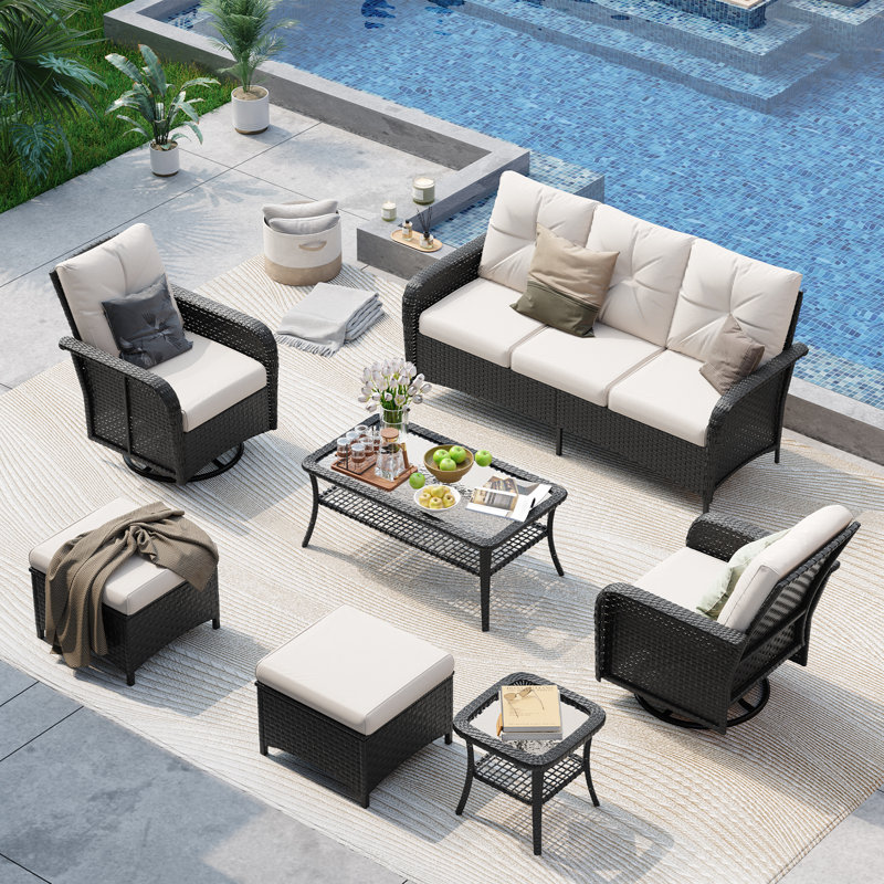 Ensemble de conversation modulaire de 7 pièces en résine tressée pour patio extérieur, avec chaises pivotantes et coussins