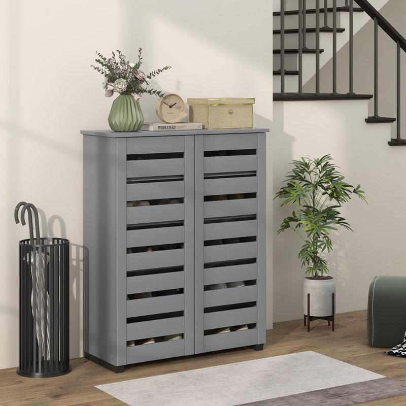 Armoire à chaussures mince avec 2 portes à lattes pour 15 paires de chaussures, Gris
