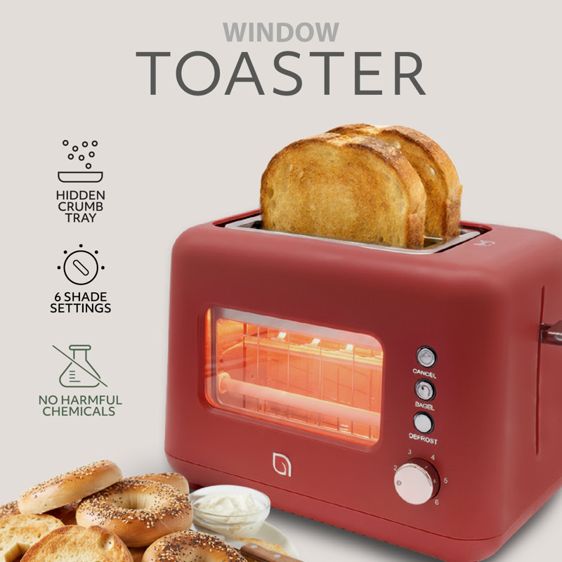 WILLOW Kitchen 2-Slice Toaster with Window - Perfect for Toasted Bagels, Compact Design, Crumb Tray - BURGUNDY, Burgundy