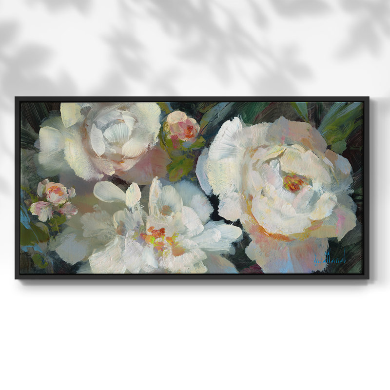 Jardin avec pivoines - Toile tendue avec châssis - Prêt à accrocher, H 21 po x l 41 po, Noir