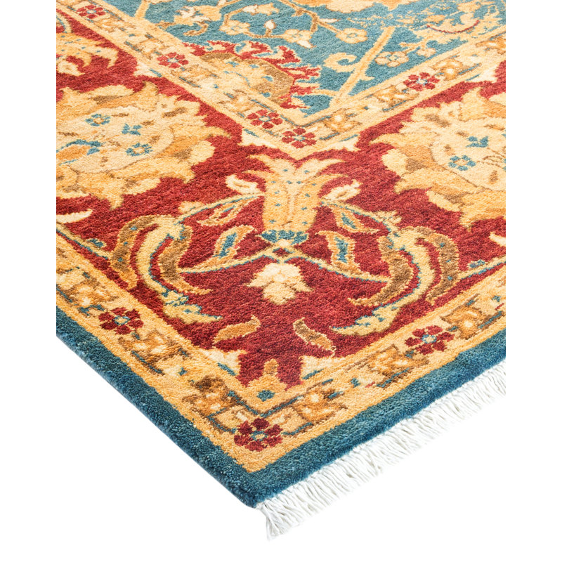 Tapis bleu / rouge noué à la main de conception unique 6 pi 1 po x 9 pi 1 po Slusser